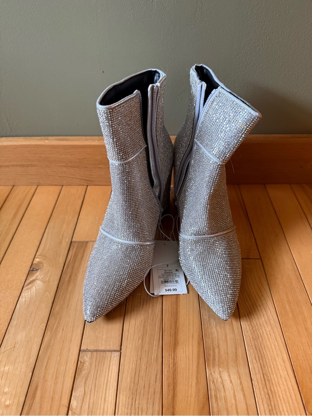 Silver Rhinestone Pointed Toe Ankle Boots